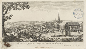 Vue de Clairvaux par Israël Silvestre, imprimée par Israël Henriet. La bibliothèque, avec ses grandes baies vitrées, est visible à gauche du bâtiment imposant qu’est l’abbatiale. MGT, gravure 142-10