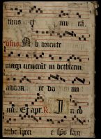 Les ais de bois de ce manuscrit sont couverts d’un feuillet d’antiphonaire. MGT, Ms. 157, plat supérieur.