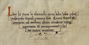 Ex-dono de Jean de Pise avec une malédiction envers un voleur éventuel. MGT, ms. 238, f. Av (détail).