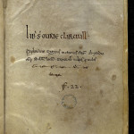 Ex-libris et notice du XIVe siècle. MGT, ms. 1412, f. 129.