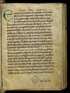 Commentaire par Origène du Cantique des Cantique, manuscrit de Clairvaux du XIIe siècle. Ce texte d’Origène a profondément inspiré Bernard de Clairvaux dans la rédaction de ses sermons sur le Cantique des Cantiques. MGT, ms. 1412, f. 1.