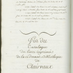 Fin du catalogue des imprimés de Clairvaux, établi entre 1790 et 1795. MGT, ms. 2538, p. 2604.