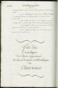 Fin du catalogue des imprimés de Clairvaux, établi entre 1790 et 1795. MGT, ms. 2538, p. 2604.