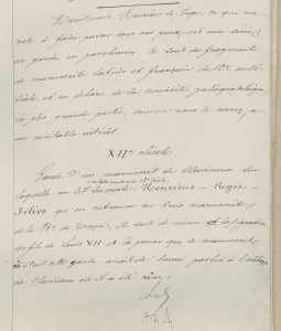 Page de titre du mémoire sur les vols de Harmand] Rapport des experts dans l’affaire Harmand. Description d’un feuillet mutilé de manuscrit donné par le prince Henri vers 1150. 