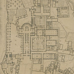 Plan de Clairvaux en 1708 par Dom Milley. Sur ce plan figurent la petite bibliothèque (55), qui donne sur le grand cloître (54), et quatorze écritoires (65) donnant sur le petit cloître (66). 