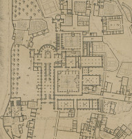 Plan de Clairvaux en 1708 par Dom Milley. Sur ce plan figurent la petite bibliothèque (55), qui donne sur le grand cloître (54), et quatorze écritoires (65) donnant sur le petit cloître (66). 