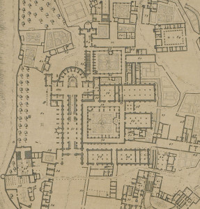 Plan de Clairvaux en 1708 par Dom Milley. Sur ce plan figurent la petite bibliothèque (55), qui donne sur le grand cloître (54), et quatorze écritoires (65) donnant sur le petit cloître (66). 